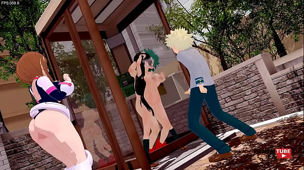 Boku No Hero Academia Hentai - Deku scopa Tsuyu mentre Uraraka li guarda e Bakugou si masturba guardandoli