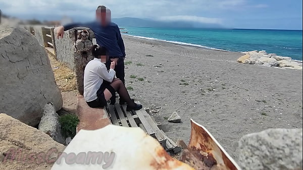 Dick Flash! Risky Blowjob on Beach: Stocking Teacher and Student Almost Caught! - MissCreamy